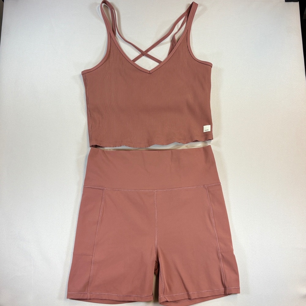 Vuori Ribbed Crop Tank & Shorts Set Women Large Rose Yoga Athleisure Workout Gym